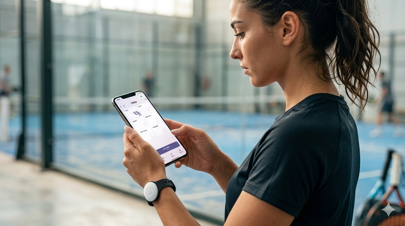Spielerin steuert das Klikkr-Scoreboard per App, Armband am Handgelenk